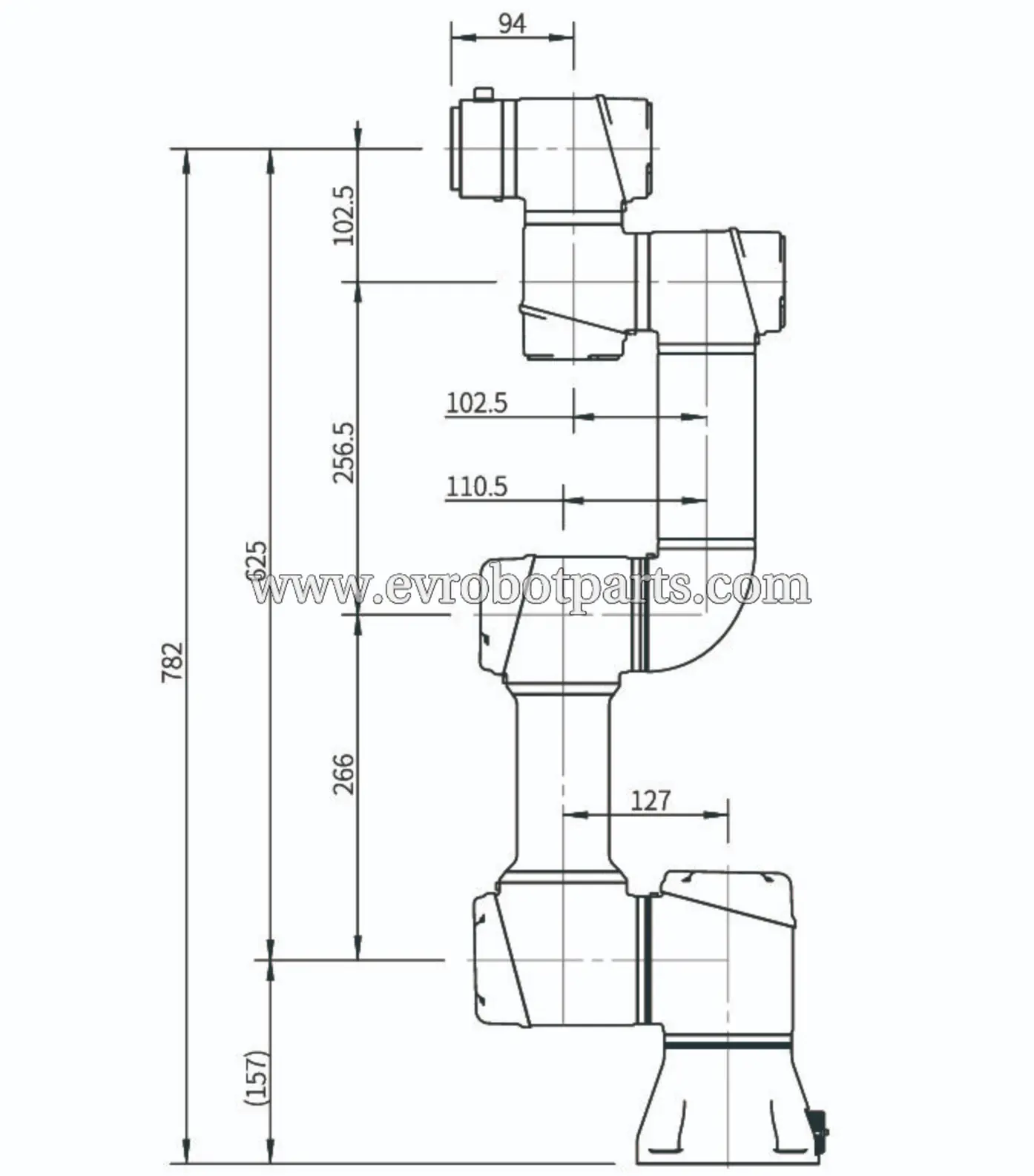 Technical drawing of robotic arm with precise dimensional measurements including height 782mm and various joint dimensions