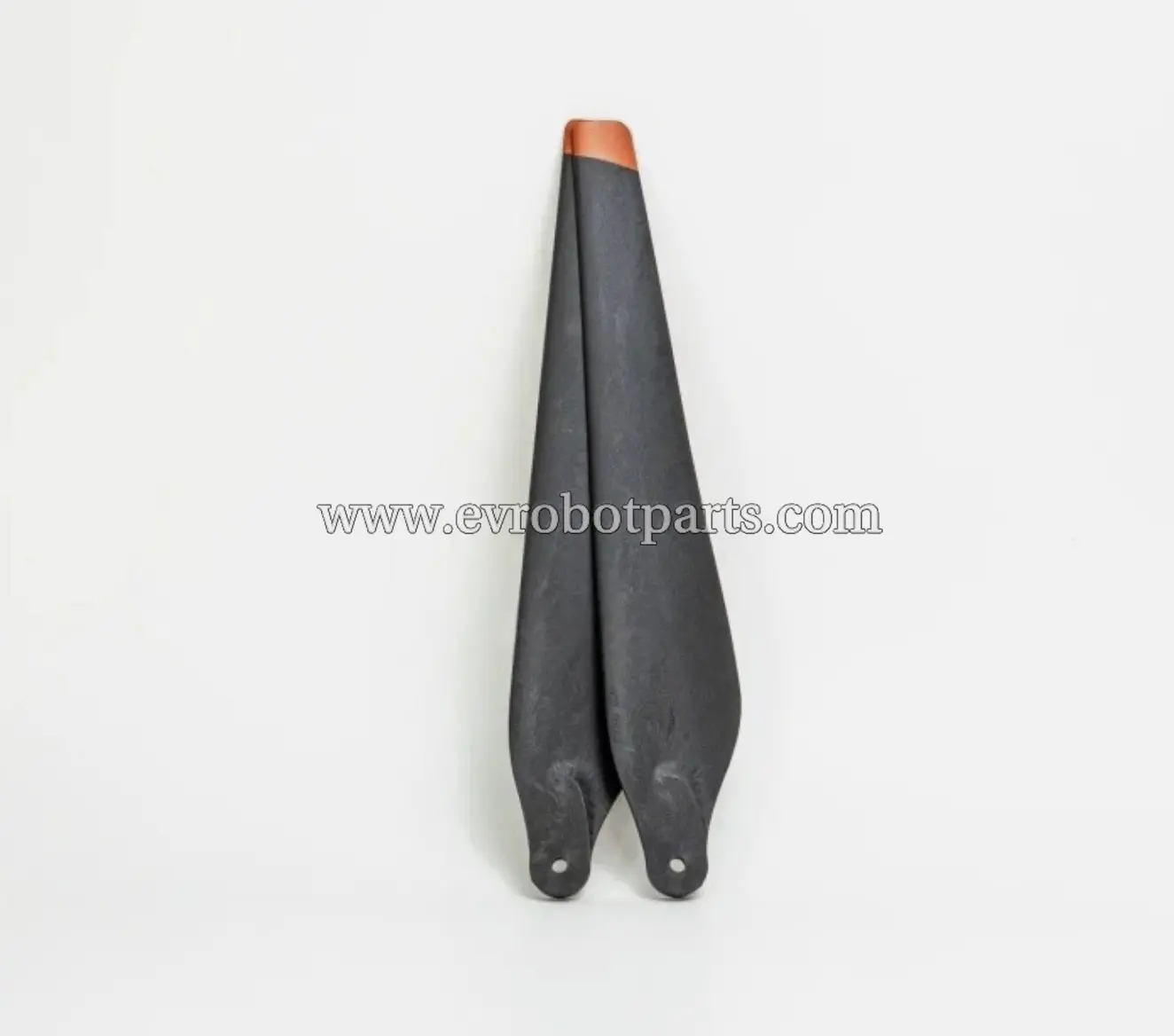 Single black drone propeller with orange tip showing detailed blade design and mounting hole for drone motor connection