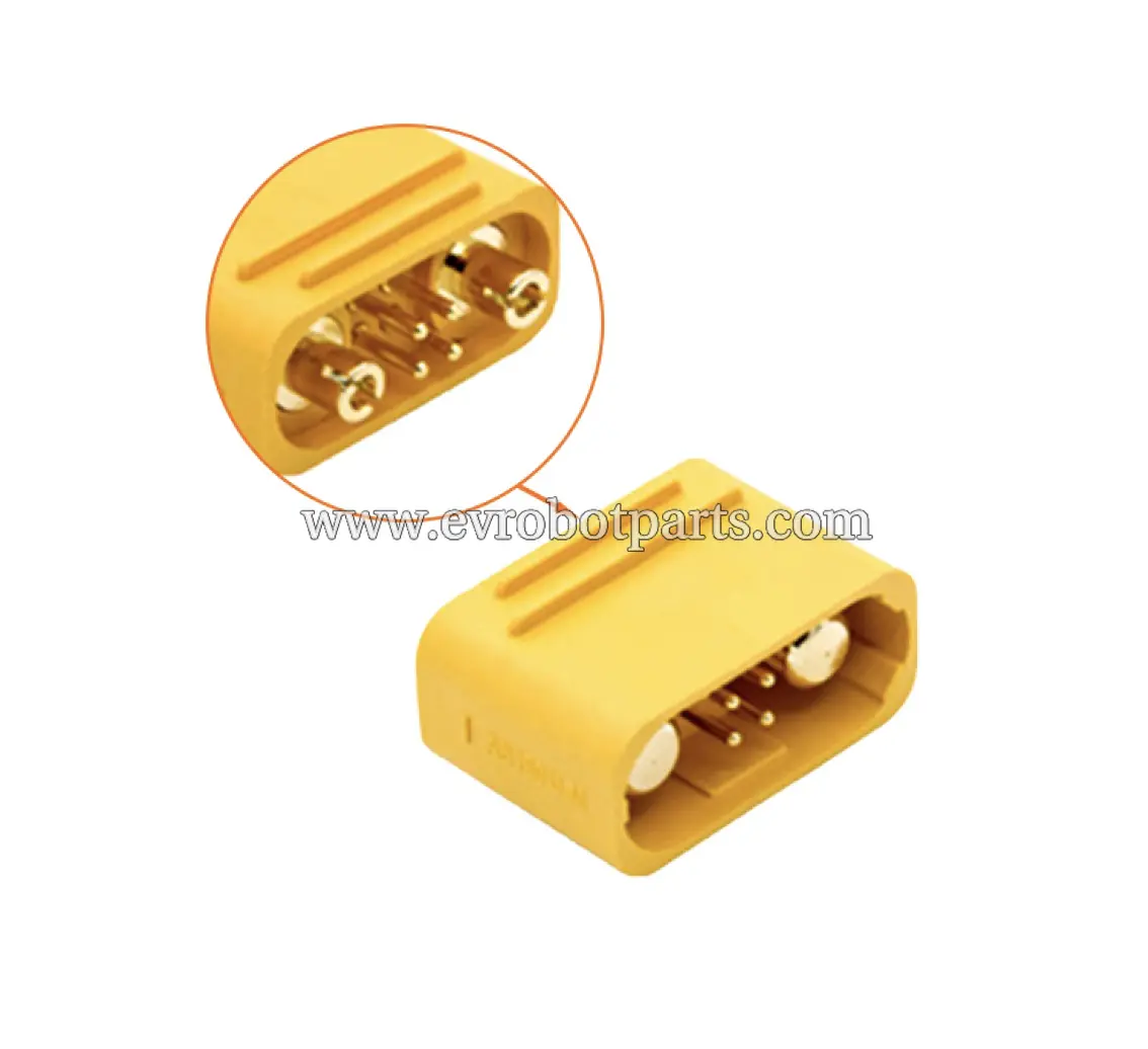 Electrical connector with detailed view of gold-plated pins and contact points showing precise connection mechanism