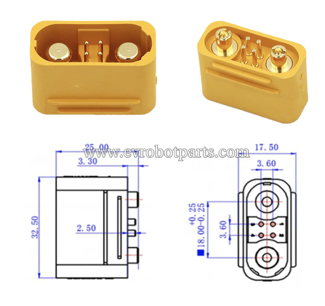 Technical drawing of electrical connector with precise dimensional measurements including 32.50mm length and pin spacing specifications