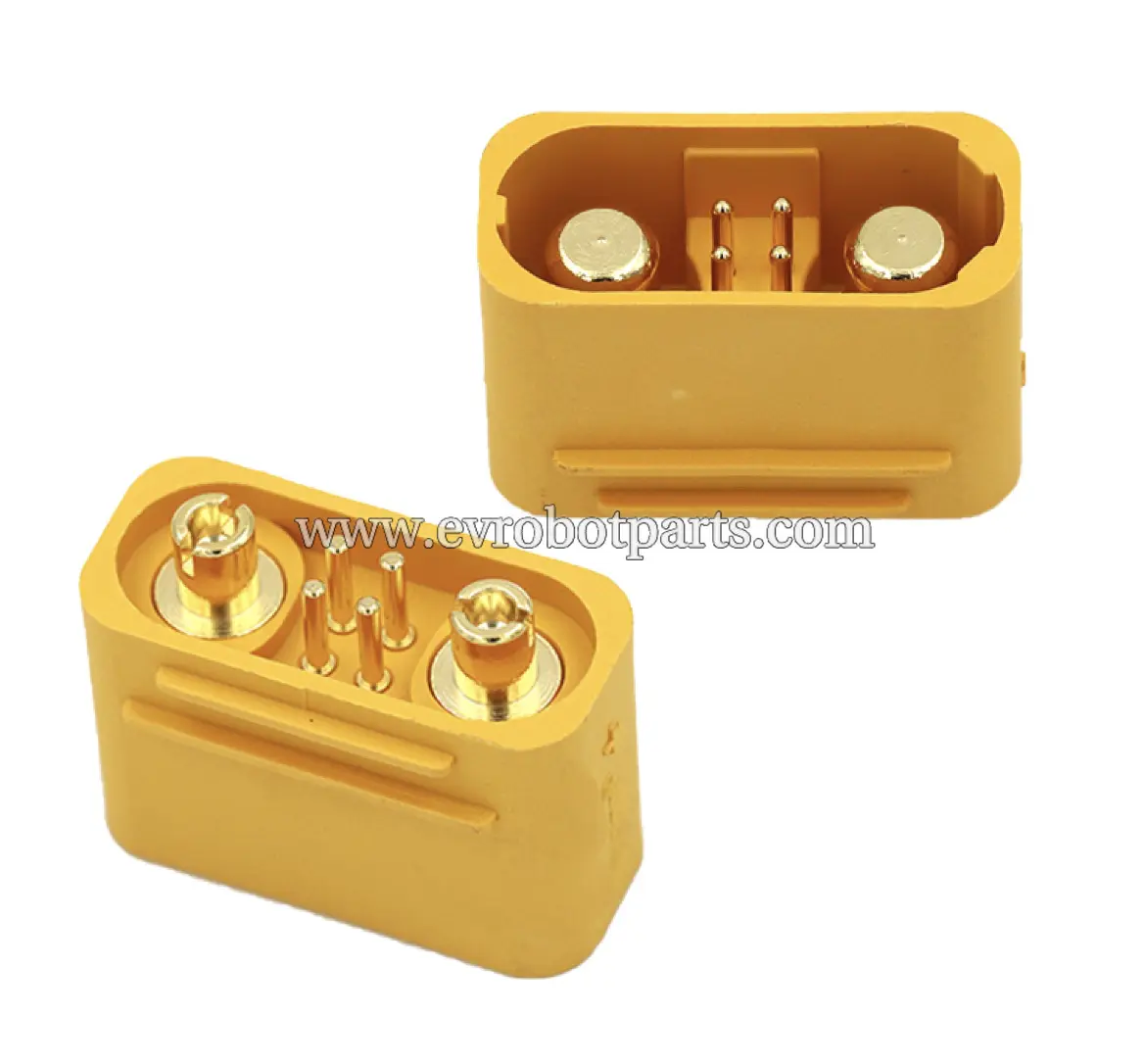 Two gold electrical connectors showing both male and female pin arrangements for secure electrical connections