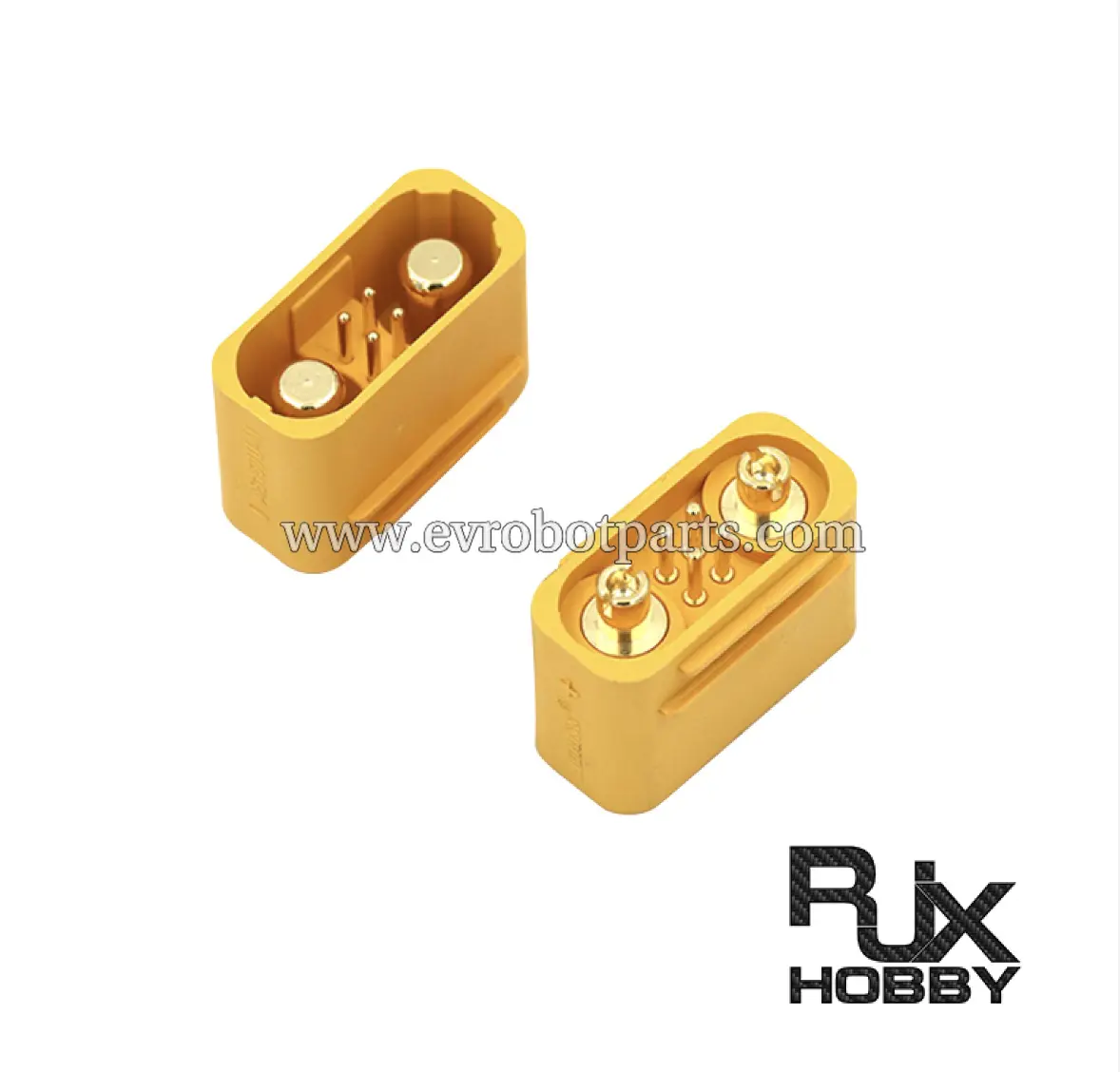 Gold-colored electrical connectors with male and female pin configurations for high-current applications in hobby electronics