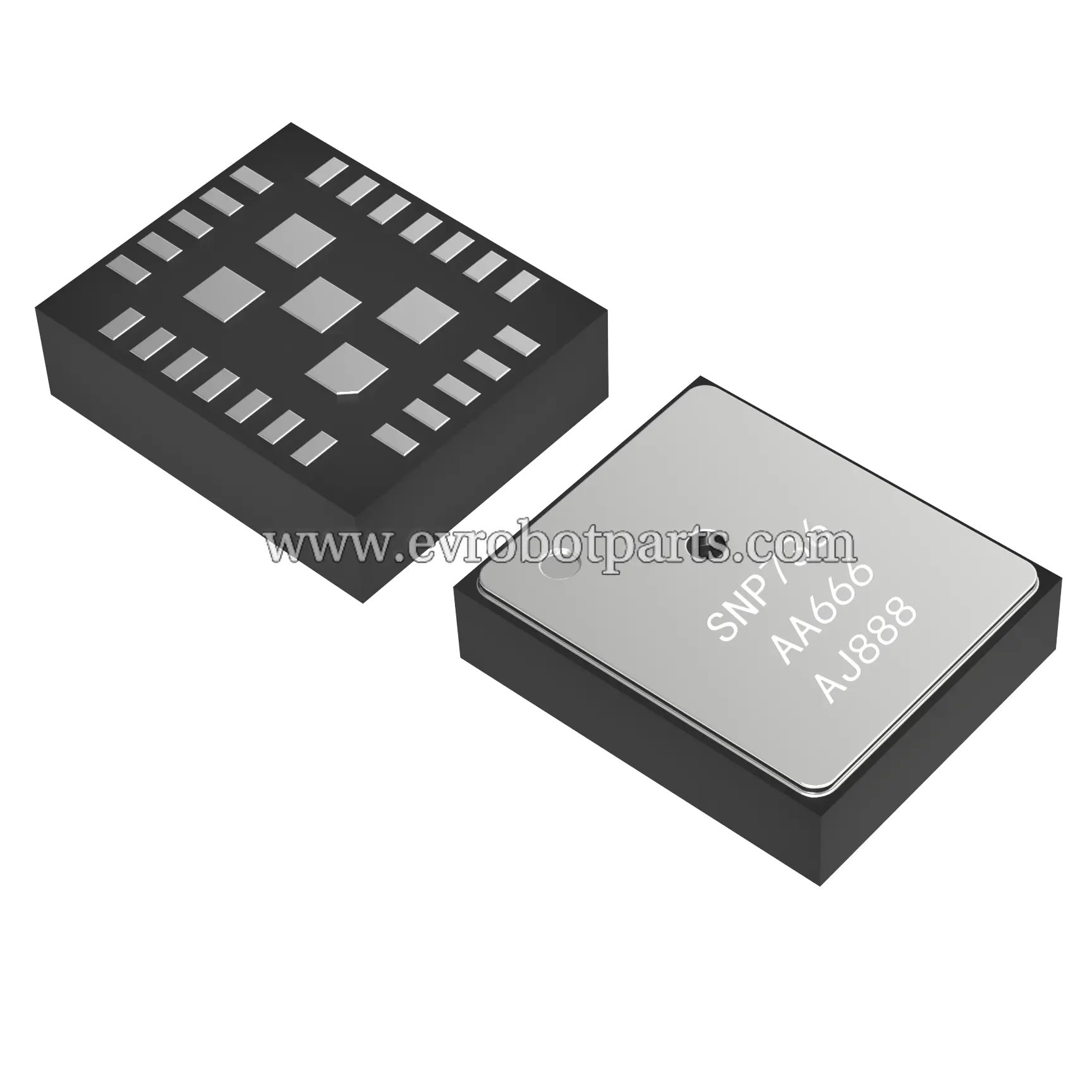 Electronic component package with SMD pins and marking SNP736 AA666 AJ888 showing dual-sided integrated circuit design