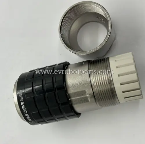 Complete YGC982-EV-S(2+2)PD/NH High Voltage EV Connector Socket assembly with threaded metal body, black protective housing, and white plastic cap displaying technical markings