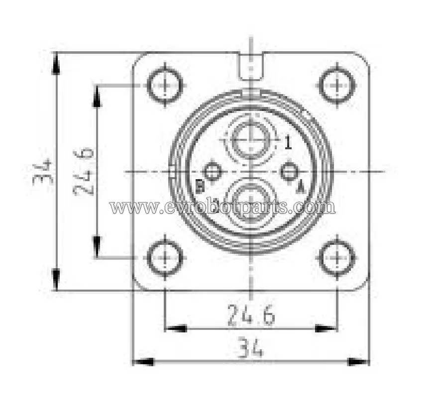 Connector mounting plate technical drawing displaying top view dimensions of 34mm x 34mm with port positioning and mounting hole layout