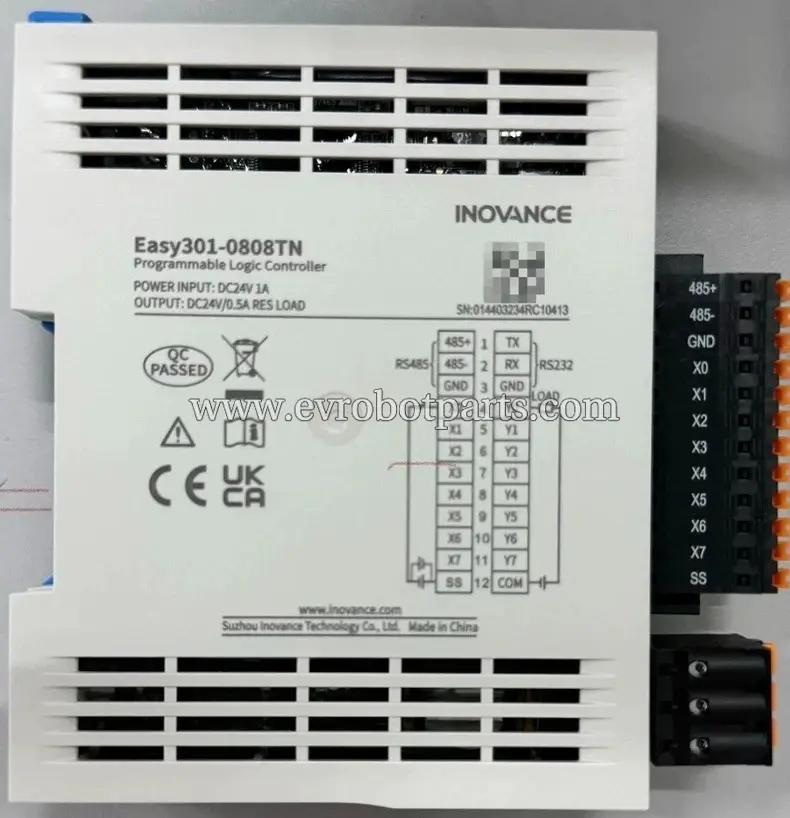  Inovance Easy301-0808TN Programmable Logic Controller (PLC) with front panel showing technical specifications, input/output terminals, and connection diagram