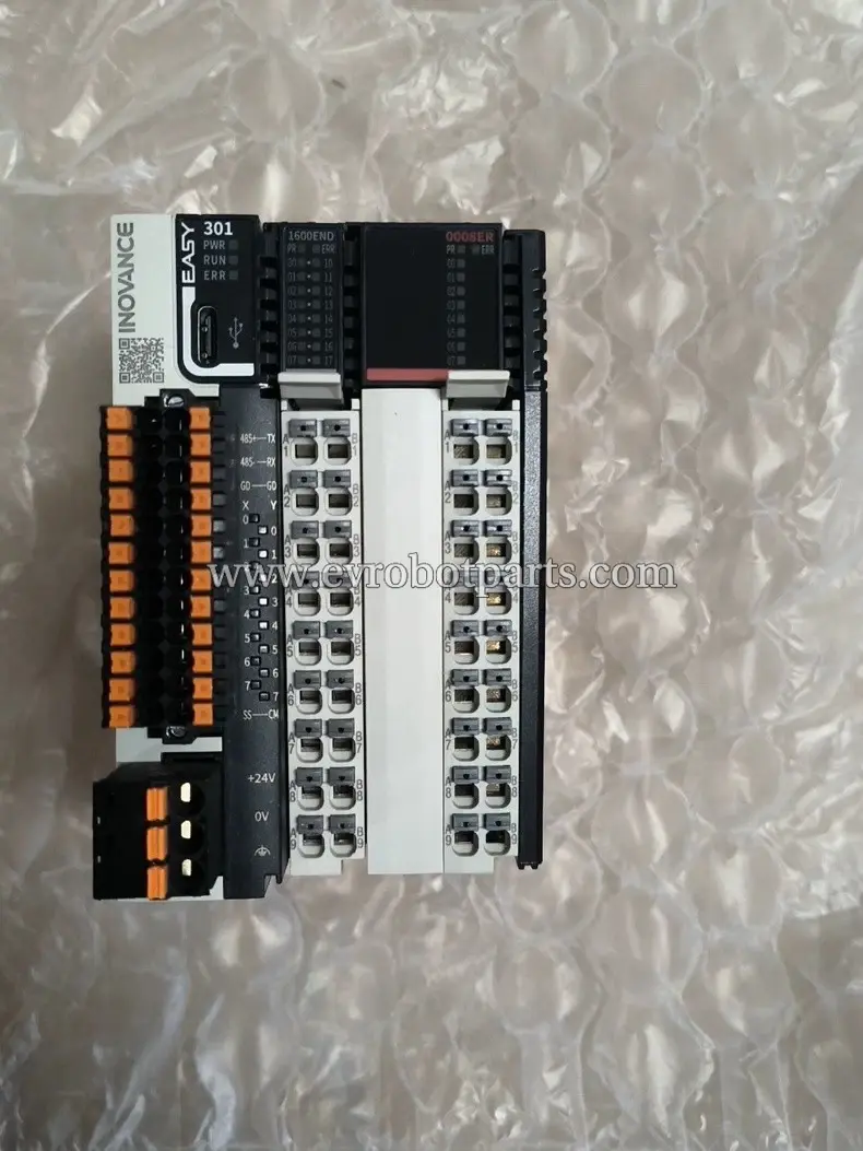 Inovance Easy301-0808TN PLC module showing terminal blocks, connection ports, and status indicators on the side view