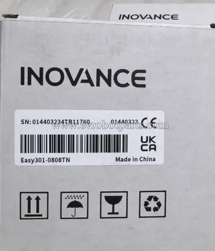 Inovance Easy301-0808TN PLC packaging box with product label, serial number, and certification marks