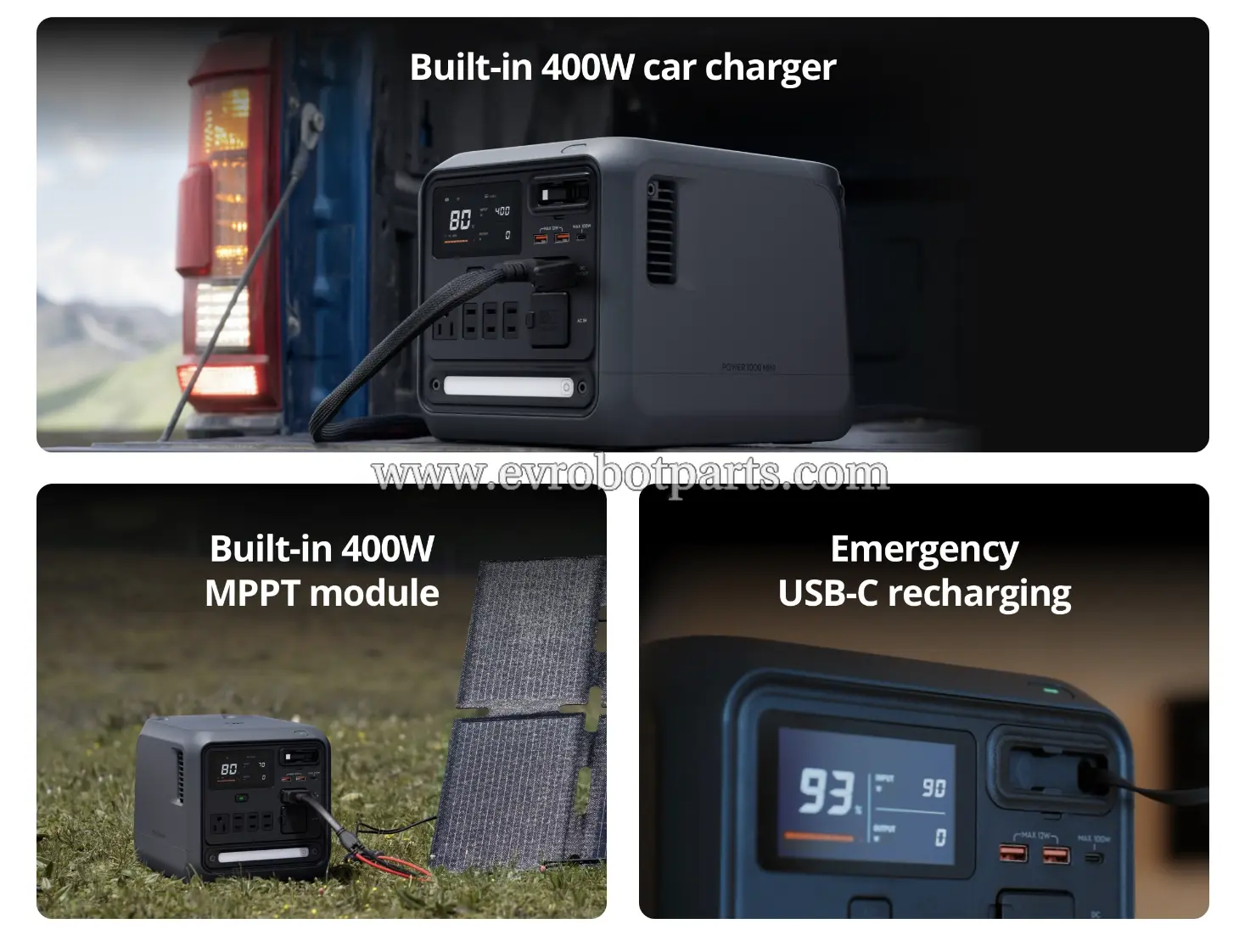 DJI Power 1000 Mini power station showing built-in 400W car charger, MPPT module for solar charging, and emergency USB-C recharging