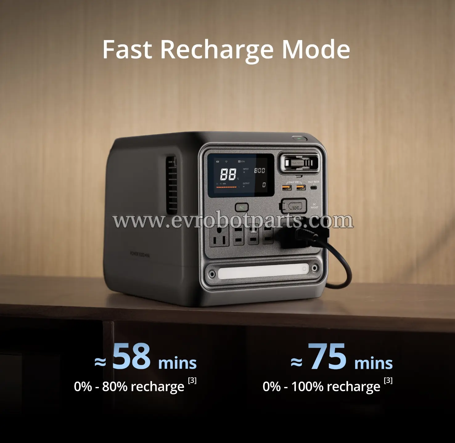 DJI Power 1000 Mini power station with fast recharge mode showing 58 minutes 0-80% and 75 minutes 0-100% charge times