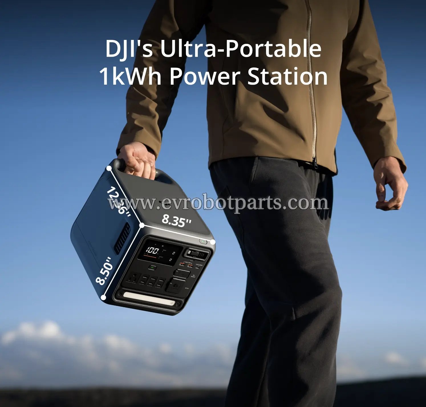 DJI Power 1000 Mini portable power station dimensions 8.5x8.35x12.36 inches being held by person outdoors