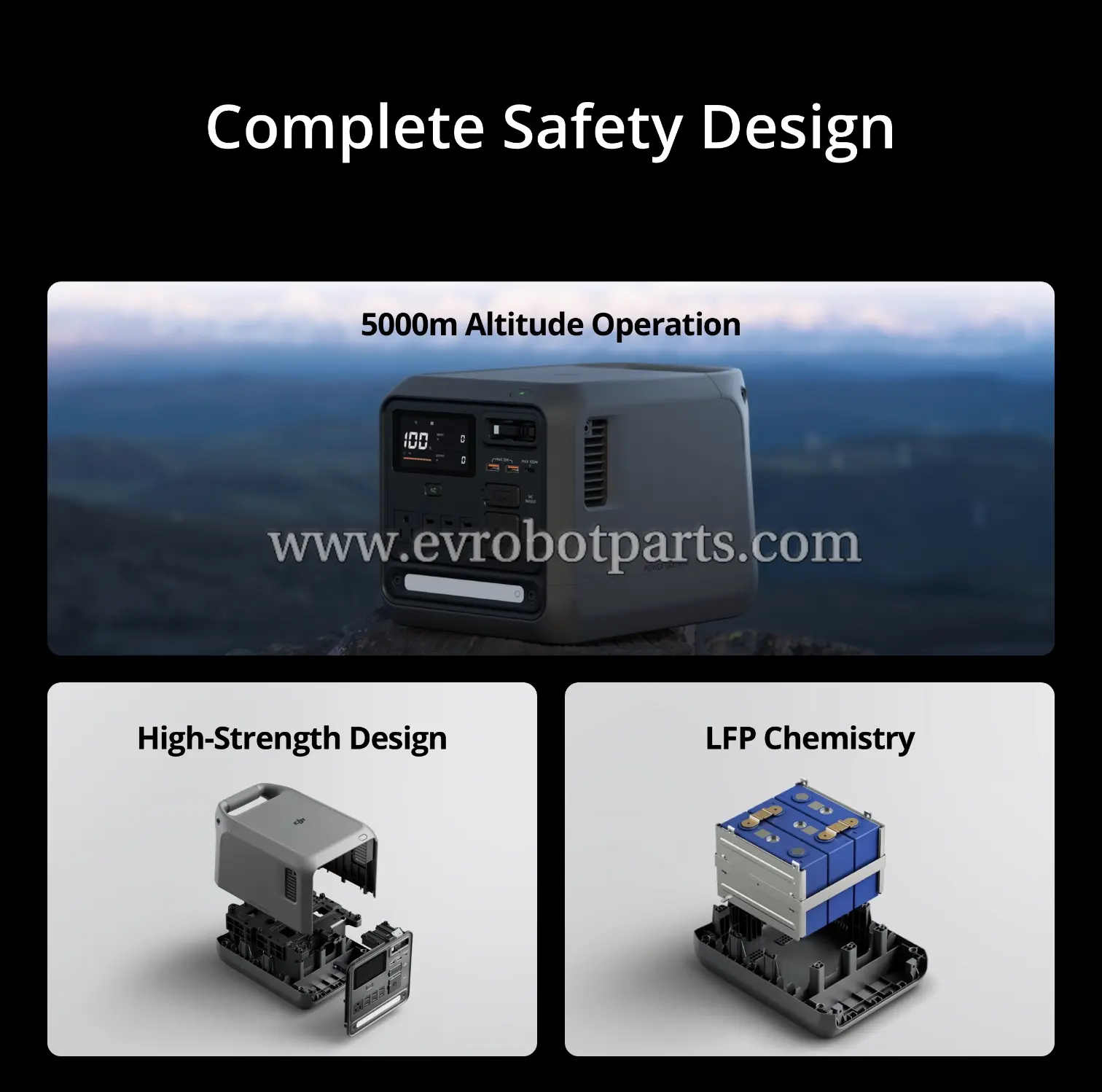 DJI Power 1000 Mini power station safety features including 5000m altitude operation, high-strength design, and LFP battery chemistry