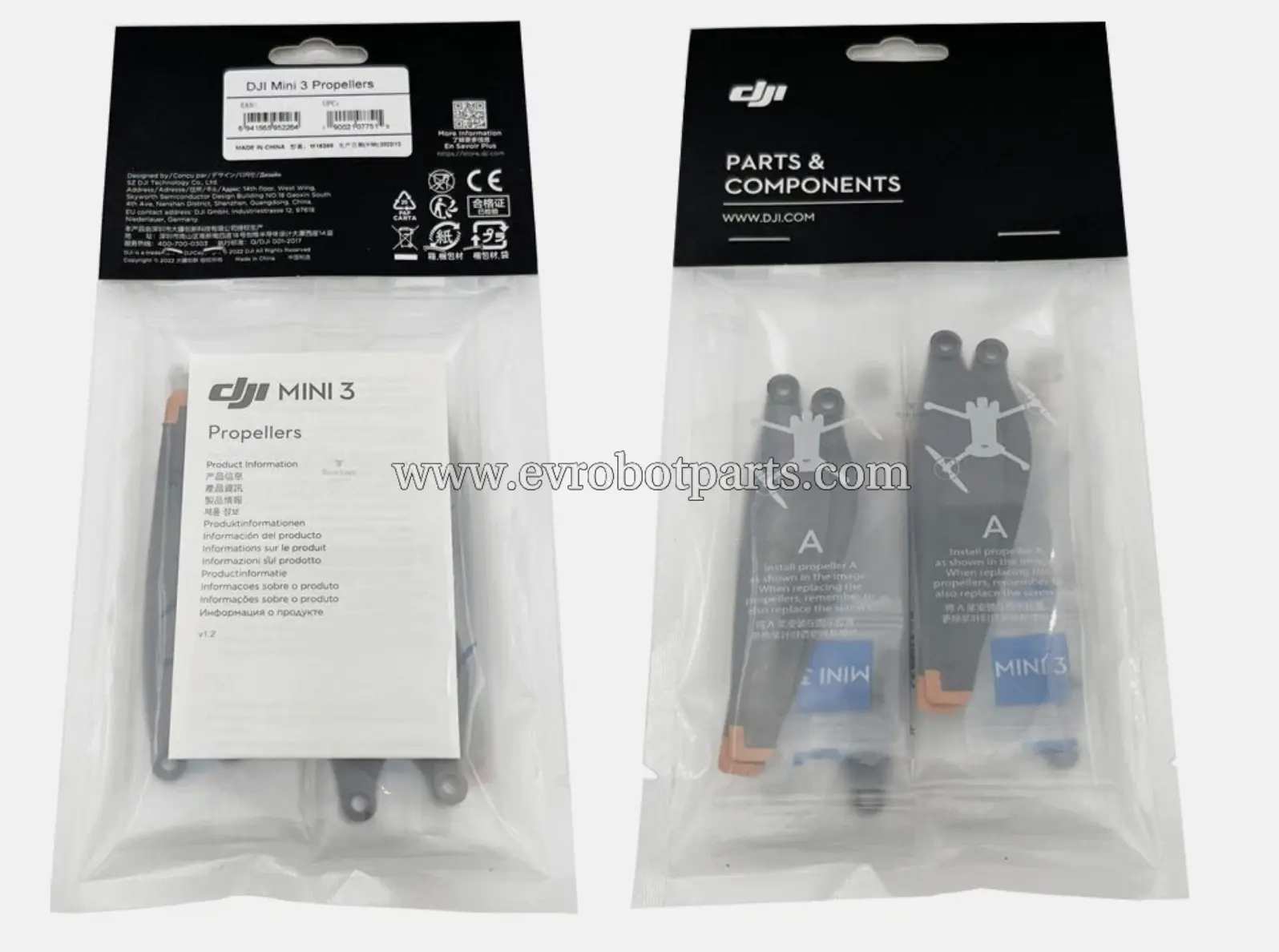 DJI Mini 3 Propellers package with product information card and two sets of propellers in clear plastic bags
