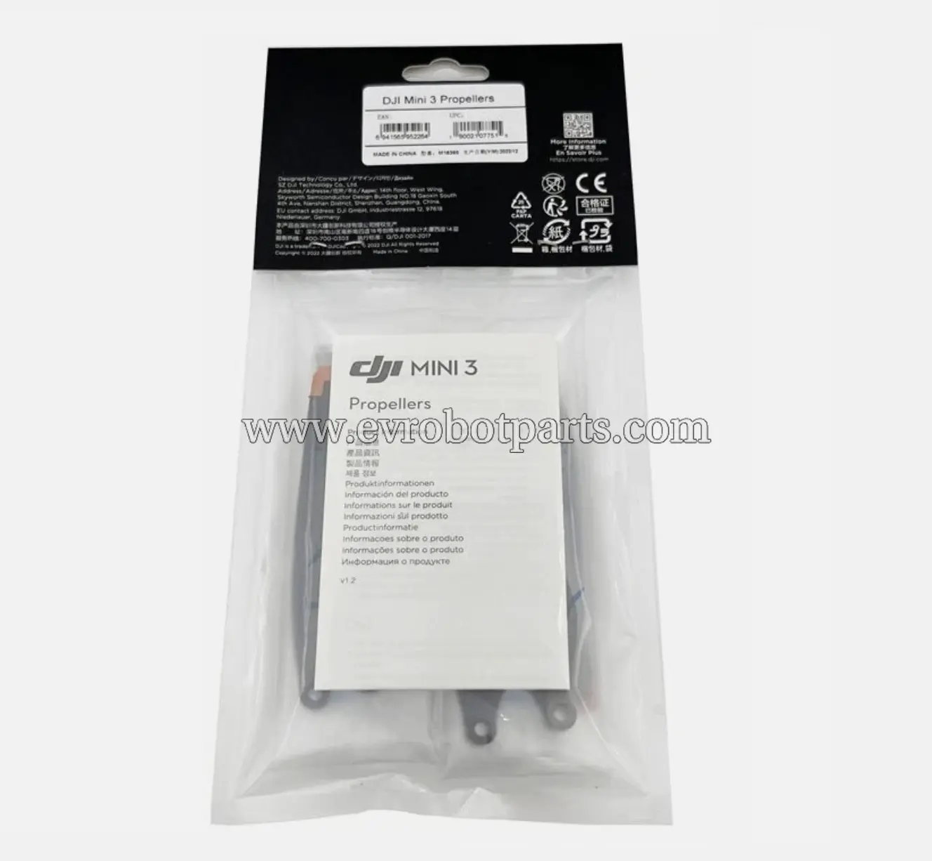 DJI Mini 3 Propellers retail package showing product information card and propellers