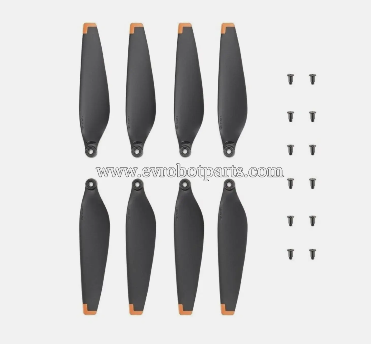 DJI Mini 3 propellers set with eight propellers and screws laid out on white background