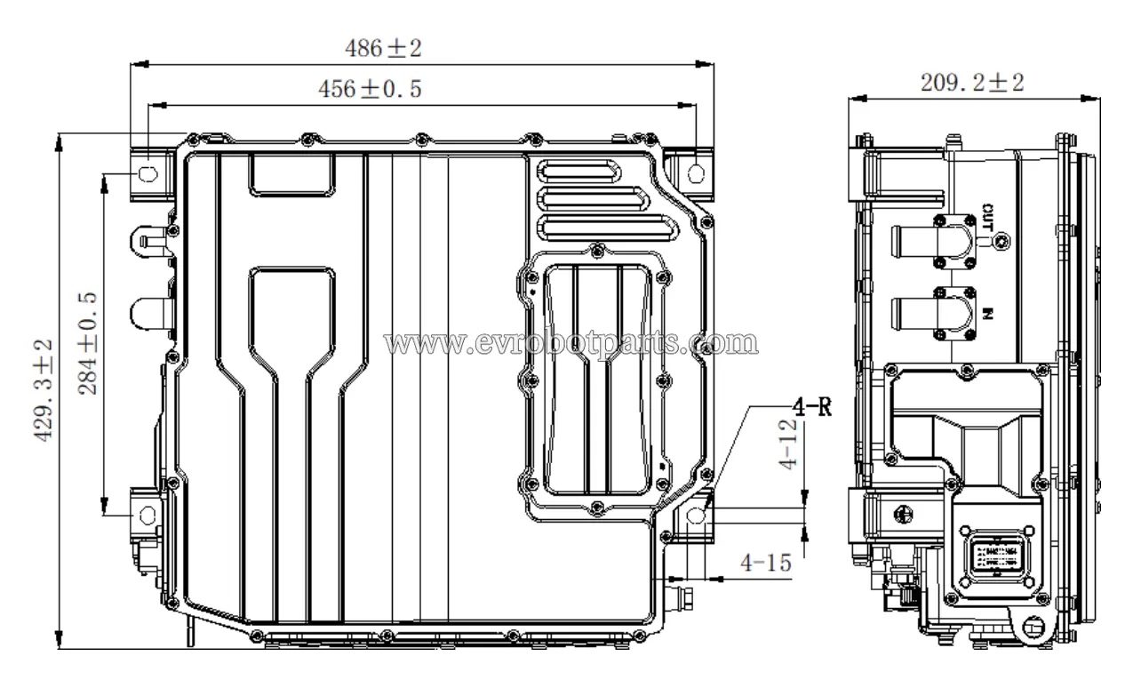 Technical drawing of INVT BE35L electric vehicle powertrain with dimensions 486x429.3x209.2mm showing front and side views