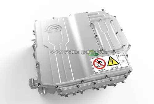Silver INVT BE35L electric vehicle powertrain unit with ReCtri logo and high voltage warning labels